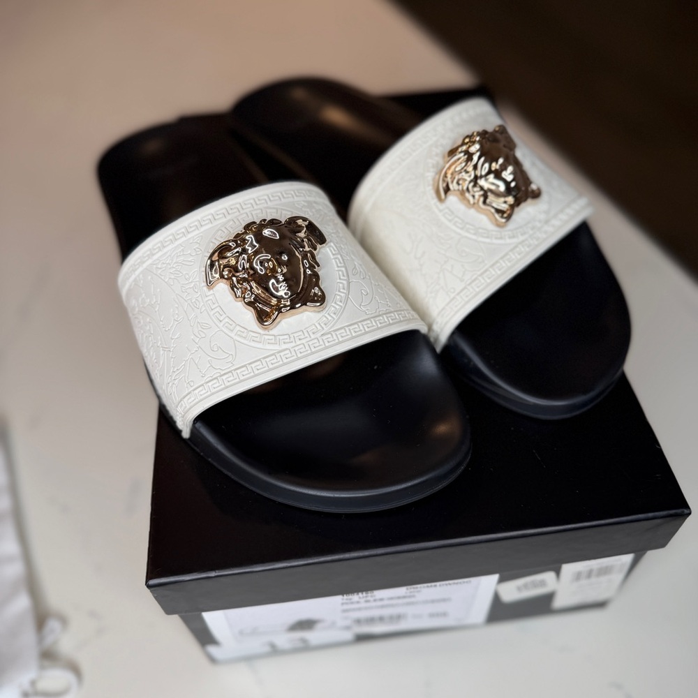 Versace Black and White Slides with Gold Medusa Emblem